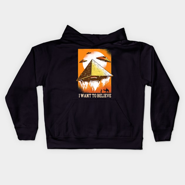 Flying UFO Pyramid I Want To Believe UFO Day Kids Hoodie by Madridek Deleosw